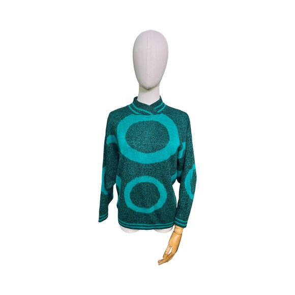 Vintage Knitwaves USA Teal Black Circle Pattern Sweater 80s Retro Acrylic - Picture 1 of 7